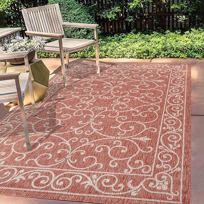 JONATHAN Y Vintage Filigree Indoor Outdoor Area Rug 8X10 Red/Beige, Charleston Textured Weave for Backyard, Patio, Porch, Easy-Cleaning, High Traffic, Pet-Friendly, Non-Shedding (SMB106B-8)-Ruum Studio Home