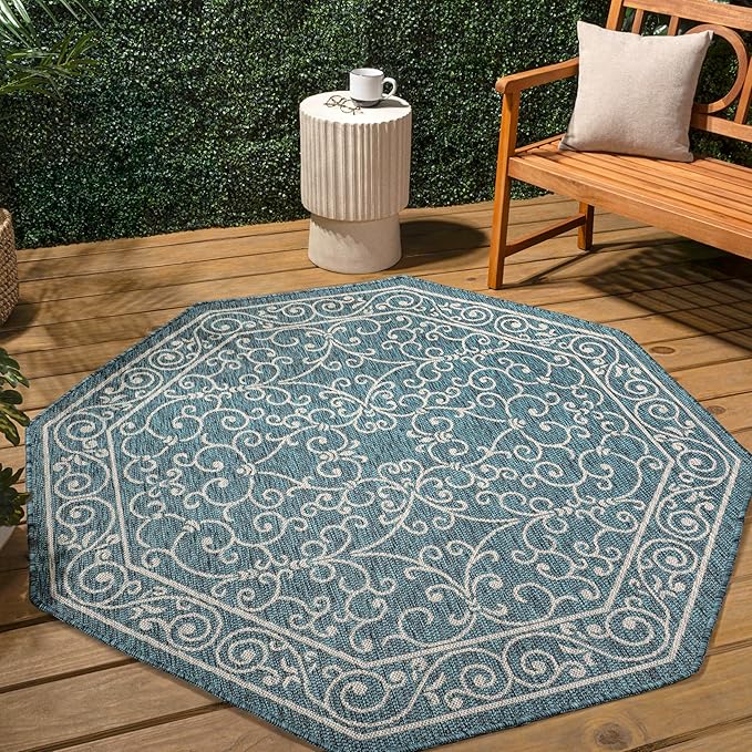 JONATHAN Y Vintage Filigree Indoor Outdoor Octagon Area Rug 8 Ft Teal/Gray, Charleston Textured Weave for Backyard, Patio, Porch, Easy-Cleaning, High Traffic, Pet-Friendly, Non-Shedding SMB106F-8TGN-Ruum Studio Home
