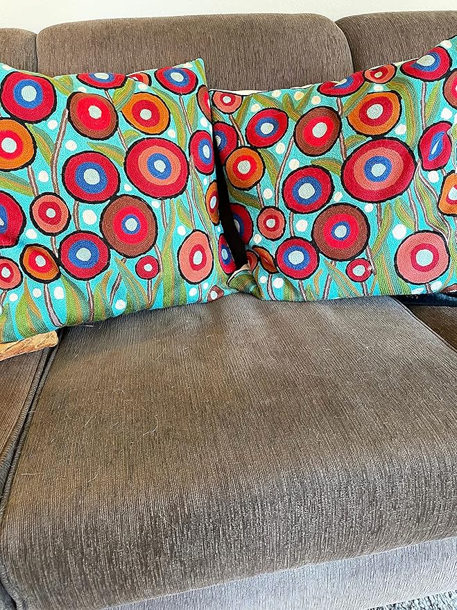 Floral Poppy Pillow Cover - Turquoise Suzani Poppies Accent Chair Cushion - 18x18 Inch Hand Embroidered Wool-Ruum Studio Home
