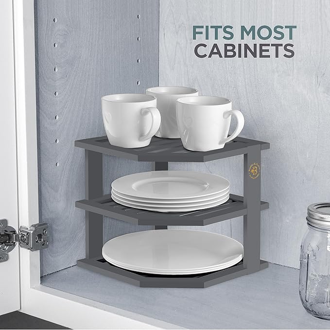 Cabinet Organizer Shelf - Bamboo Corner Rack for Kitchen Counter, Cabinet Space Saver for Plates, Dishes, Bowls, Bread Pantry, Bathroom Storage or Countertop Stand, Grey-Ruum Studio Home