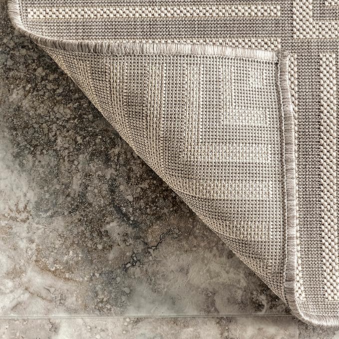 nuLOOM 5' x 8' Outdoor Area Rug, Casual Design With Striped Border, Stain Resistant, Highly Durable, For Patio, Balcony, Bedroom, Living Room, Dining Room, Bathroom, Light Grey-Ruum Studio Home