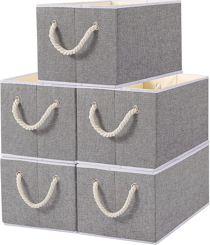 Yawinhe Foldable Storage Basket 5-Pack, Large Fabric Bins with Rope Handle, Used for Organizing Shelves, Closets, Clothes, 12.99''Lx9.05''Wx7.87''H, Grey-Ruum Studio Home