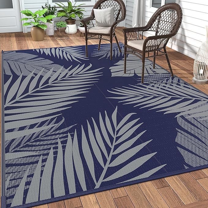 GENIMO Outdoor Rug 5' x 8' Waterproof for Patios Clearance, Reversible Outdoor Plastic Straw Camping Rug Carpet, Large Area Rugs Mats for RV, Picnic, Backyard, Deck, Balcony, Porch, Beach, Blue&Grey-Ruum Studio Home