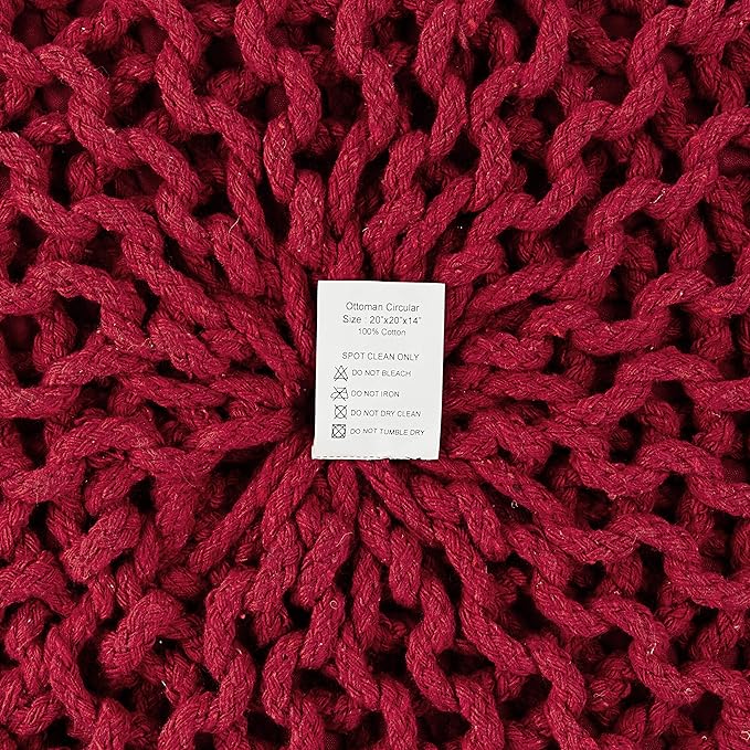 REDEARTH Round Pouf Ottoman - Hand Knitted Cable Boho Poof - Foot Stool Bean Bag - Home Décor Stuffed Footrest for Living Room - Nursery - Bedroom - 100% Cotton Poufs (19.5"x19.5"x14") - Red-Ruum Studio Home