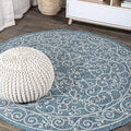 JONATHAN Y Vintage Filigree Indoor Outdoor Round Area Rug 8 Ft Teal/Gray, Charleston Textured Weave for Backyard, Patio, Porch, Easy-Cleaning, High Traffic, Pet-Friendly, Non-Shedding (SMB106F-8R)-Ruum Studio Home