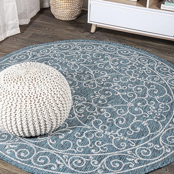 JONATHAN Y Vintage Filigree Indoor Outdoor Round Area Rug 8 Ft Teal/Gray, Charleston Textured Weave for Backyard, Patio, Porch, Easy-Cleaning, High Traffic, Pet-Friendly, Non-Shedding (SMB106F-8R)-Ruum Studio Home