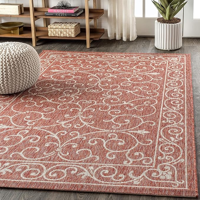 JONATHAN Y Vintage Filigree Indoor Outdoor Area Rug 9X12 Red/Beige, Charleston Textured Weave for Backyard, Patio, Porch, Easy-Cleaning, High Traffic, Pet-Friendly, Non-Shedding (SMB106B-9)-Ruum Studio Home