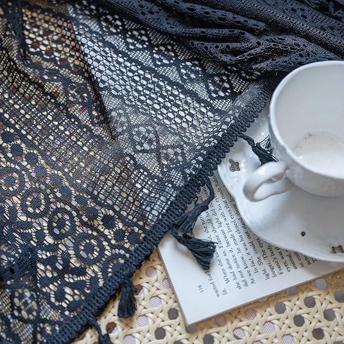 Sutuo Home Black Boho Curtain 84 Inches Length, Sheer Crochet Lace Handmade Tassels Knitted Window Treatment Vintage Rustic Bohemian Farmhouse Drape for Bedroom Rod Pocket 1 Panel 59" W x 84" L-Ruum Studio Home