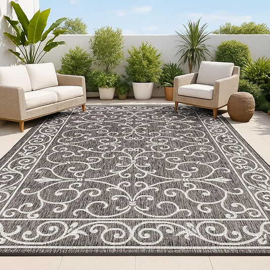 JONATHAN Y Vintage Filigree Indoor Outdoor Area Rug 9X12 Black/Gray, Charleston Textured Weave for Backyard, Patio, Porch, Easy-Cleaning, High Traffic, Pet-Friendly, Non-Shedding (SMB106G-9)-Ruum Studio Home