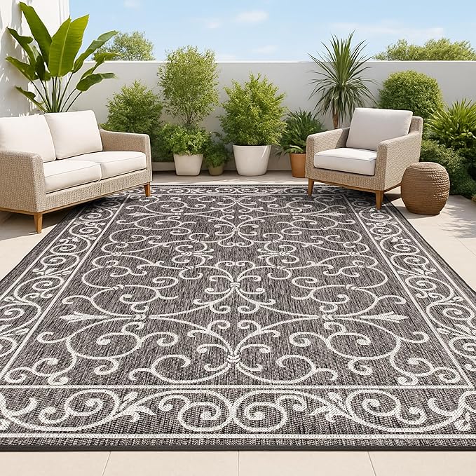 JONATHAN Y Vintage Filigree Indoor Outdoor Area Rug 10X14 Black/Gray, Charleston Textured Weave for Backyard, Patio, Porch, Easy-Cleaning, High Traffic, Pet-Friendly, Non-Shedding (SMB106G-14)-Ruum Studio Home