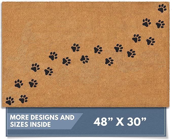 Barnyard Designs Natural Coco Coir Heavy Duty Backing Doormat - Large Cute Non-Slip Front Door Welcome Mat for Outside Entrance or Porch Entry, Brown (30x48, Paws)-Ruum Studio Home
