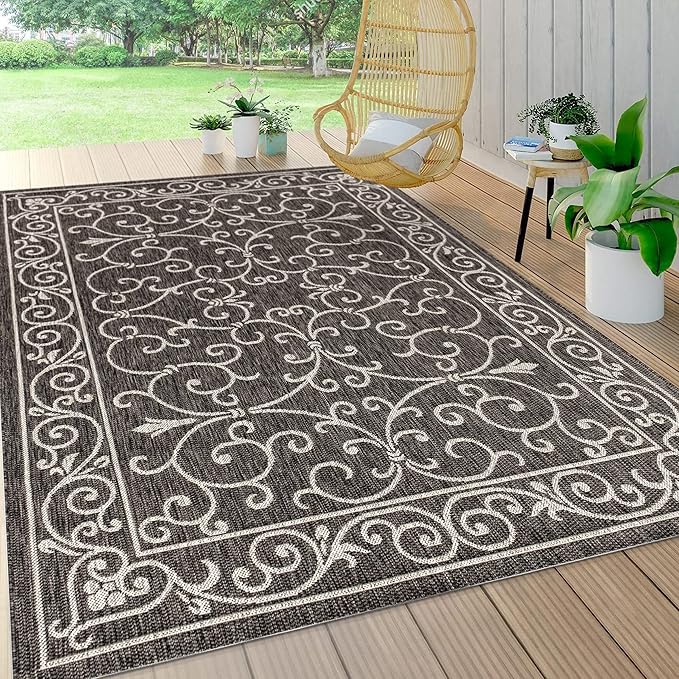 JONATHAN Y Vintage Filigree Indoor Outdoor Area Rug 8X10 Black/Gray, Charleston Textured Weave for Backyard, Patio, Porch, Easy-Cleaning, High Traffic, Pet-Friendly, Non-Shedding (SMB106G-8)-Ruum Studio Home