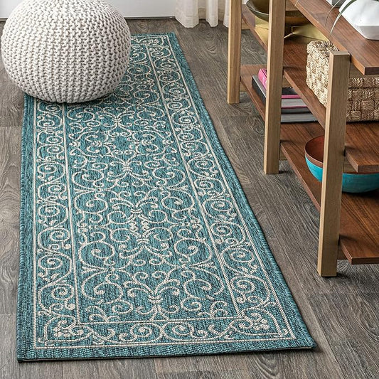 JONATHAN Y Vintage Filigree Indoor Outdoor Runner Rug 2X8 Teal/Gray, Charleston Textured Weave for Backyard, Patio, Porch, Easy-Cleaning, High Traffic, Pet-Friendly, Non-Shedding (SMB106F-28)-Ruum Studio Home