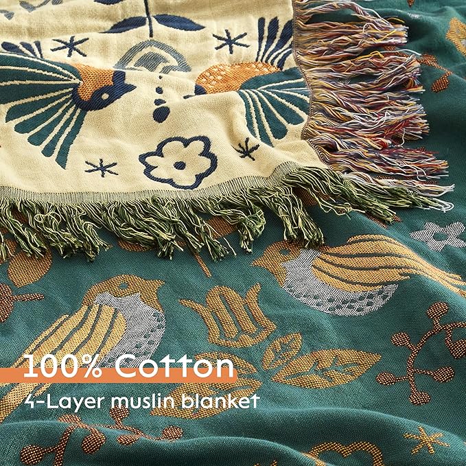 Boho Throw Blanket for Bed 60”x80”, 100% Cotton Woven Blanket for Couch Sofa, Ultra Soft 4-Layer Muslin Quilt with Bird Floral Printed, Farmhouse Bed Blanket/Cover for Living Room Decor-Ruum Studio Home