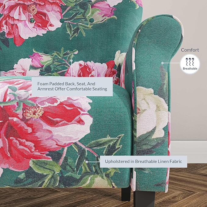 BELLEZE Modern Accent Chair, High Back Armchair, Upholstered Wingback Side Chair, Padded Single Sofa with Wooden Legs for Living Room, Bedroom - Green & Flower-Ruum Studio Home