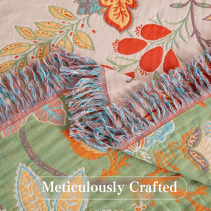 Boho Throw Blanket Twin Size, Soft Cozy Cotton Muslin Quilt Blanket for Bed Decor, Floral Patterned Couch Sofa Chair Cover, Vintage Farmhouse Cottage Tapestry Woven Blanket, Coral&Green-Ruum Studio Home