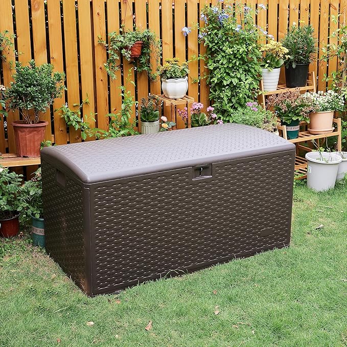 Amazon Basics Outdoor Organization & Storage Deck Box with Lid, 99 Gallon, Brown-Ruum Studio Home