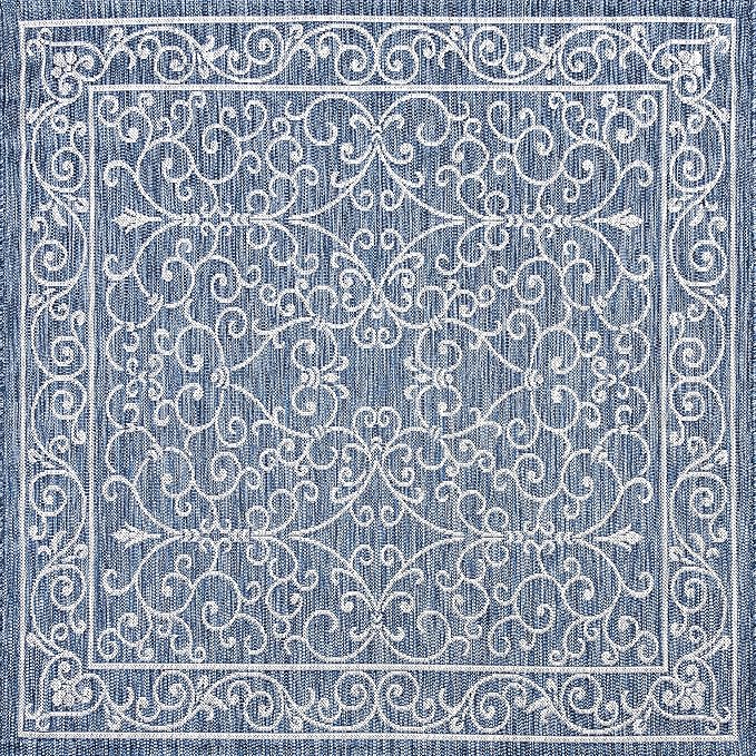 JONATHAN Y Vintage Filigree Indoor Outdoor Square Area Rug 6X6 Navy/Gray, Charleston Textured Weave for Backyard, Patio, Porch, Easy-Cleaning, High Traffic, Pet-Friendly, Non-Shedding (SMB106D-6SQ)-Ruum Studio Home