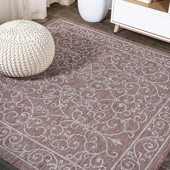 JONATHAN Y Vintage Filigree Indoor Outdoor Square Area Rug 5X5 Red/Beige, Charleston Textured Weave for Backyard, Patio, Porch, Easy-Cleaning, High Traffic, Pet-Friendly, Non-Shedding (SMB106B-5SQ)-Ruum Studio Home