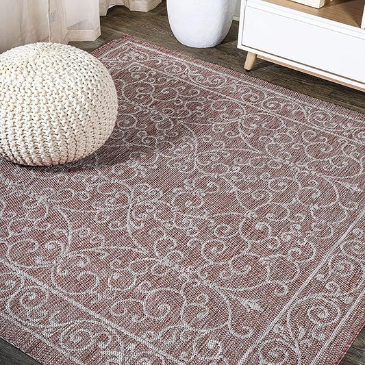 JONATHAN Y Vintage Filigree Indoor Outdoor Square Area Rug 5X5 Red/Beige, Charleston Textured Weave for Backyard, Patio, Porch, Easy-Cleaning, High Traffic, Pet-Friendly, Non-Shedding (SMB106B-5SQ)-Ruum Studio Home