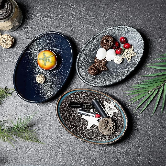 Oval Ceramic Decorative Bowl, Key Dish for Entryway Table, Small Home Decor Accent, Trinket Tray for Office Home Decor Gift (10'' Snowflake Gray without Glaze Layer)-Ruum Studio Home