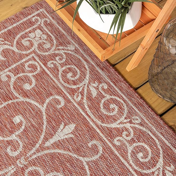 JONATHAN Y Vintage Filigree Indoor Outdoor Round Area Rug 6 Ft Red/Beige, Charleston Textured Weave for Backyard, Patio, Porch, Easy-Cleaning, High Traffic, Pet-Friendly, Non-Shedding (SMB106B-6R)-Ruum Studio Home