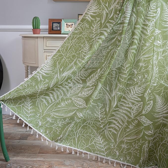 Sutuo Home Boho Curtain 84 Inches Length for Bedroom, Printed Cotton Linen Rod Pocket Rustic Farmhouse Bohemian Tassels Window Treatment, 1 Panel 59" W x 84" L, Green Tropical Leaves-Ruum Studio Home