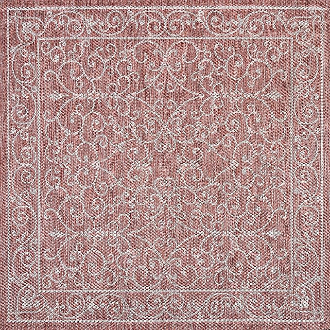 JONATHAN Y Vintage Filigree Indoor Outdoor Square Area Rug 4X4 Red/Beige, Charleston Textured Weave for Backyard, Patio, Porch, Easy-Cleaning, High Traffic, Pet-Friendly, Non-Shedding (SMB106B-4SQ)-Ruum Studio Home