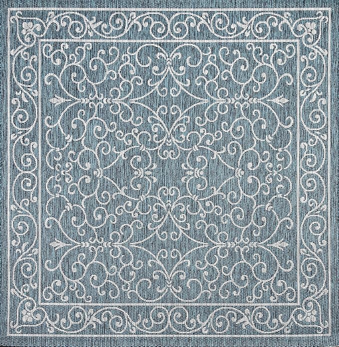 JONATHAN Y Vintage Filigree Indoor Outdoor Square Area Rug 6X6 Teal/Gray, Charleston Textured Weave for Backyard, Patio, Porch, Easy-Cleaning, High Traffic, Pet-Friendly, Non-Shedding (SMB106F-6SQ)-Ruum Studio Home