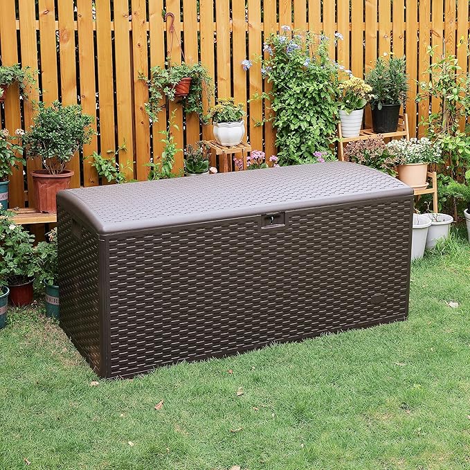 Amazon Basics Outdoor Patio Storage Box 150 Gallon Deck Box, Waterproof and Weather-resistant, Furniture Cushions Garden Tools, Brown-Ruum Studio Home