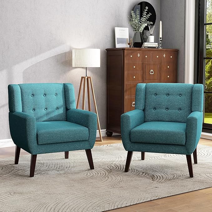 UIXE Accent Chair, Modern Upholstered Armchair in Fabric for Living Room, Comfy Club Arm Chairs Single Sofa Button Tufted Bedroom Reading Seat - Turquoise Blue, Set of 2-Ruum Studio Home