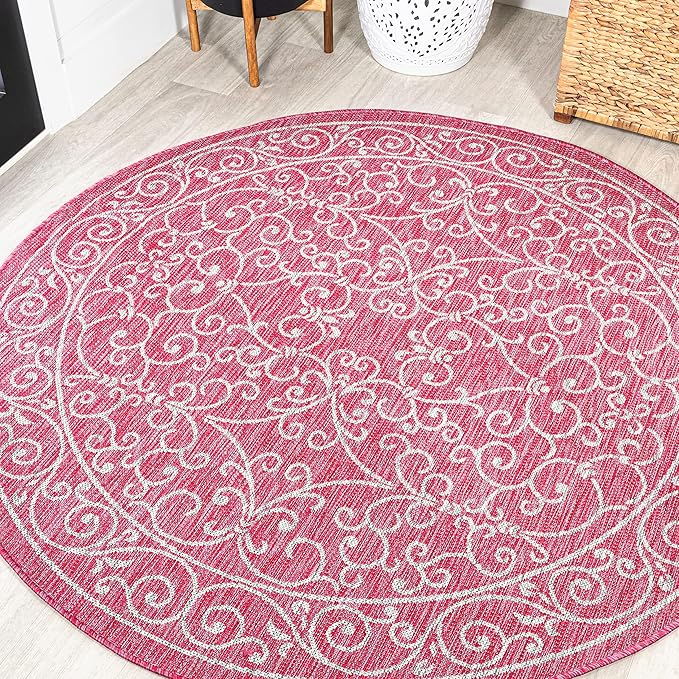 JONATHAN Y Vintage Filigree Indoor Outdoor Round Area Rug 5 Ft Fuchsia/Light Gray, Charleston Textured Weave for Backyard, Patio, Porch, Easy-Cleaning, Pet-Friendly, Non-Shedding (SMB106J-5R)-Ruum Studio Home